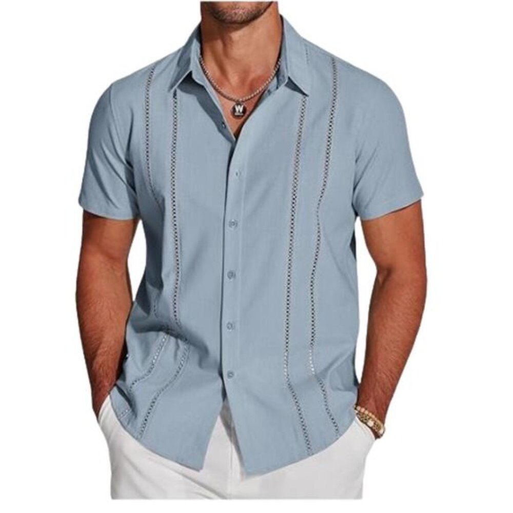 COOFANDY Short Sleeve Cuban Guayabera Linen Shirt Button-Down Top Men's M